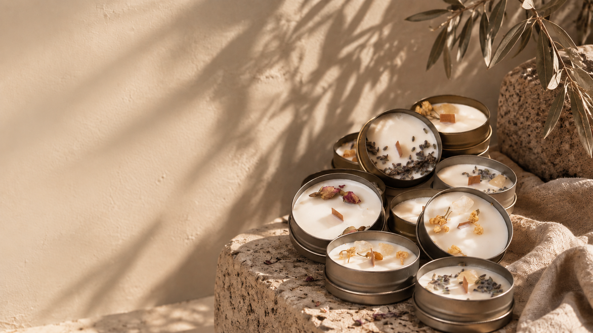 Vegane Duftkerze aus Sojawachs mit Trockenblüten – Gold