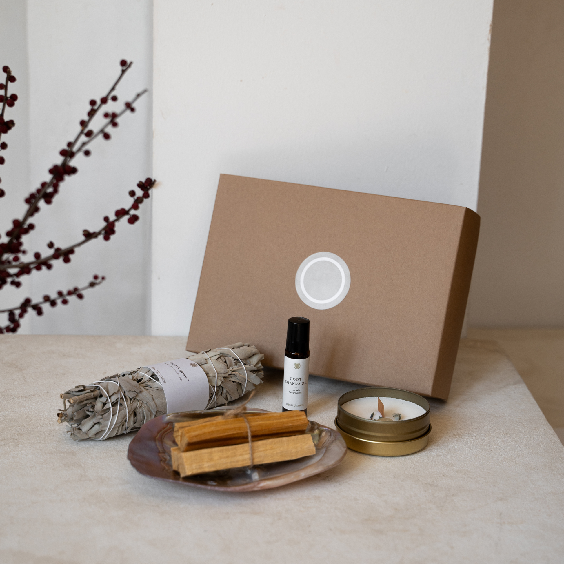 Chakra Ritual Set_Chakrensystem_Räuchern_Salbei_Palo Santo_Perlmuttmuschel_Root Chakra